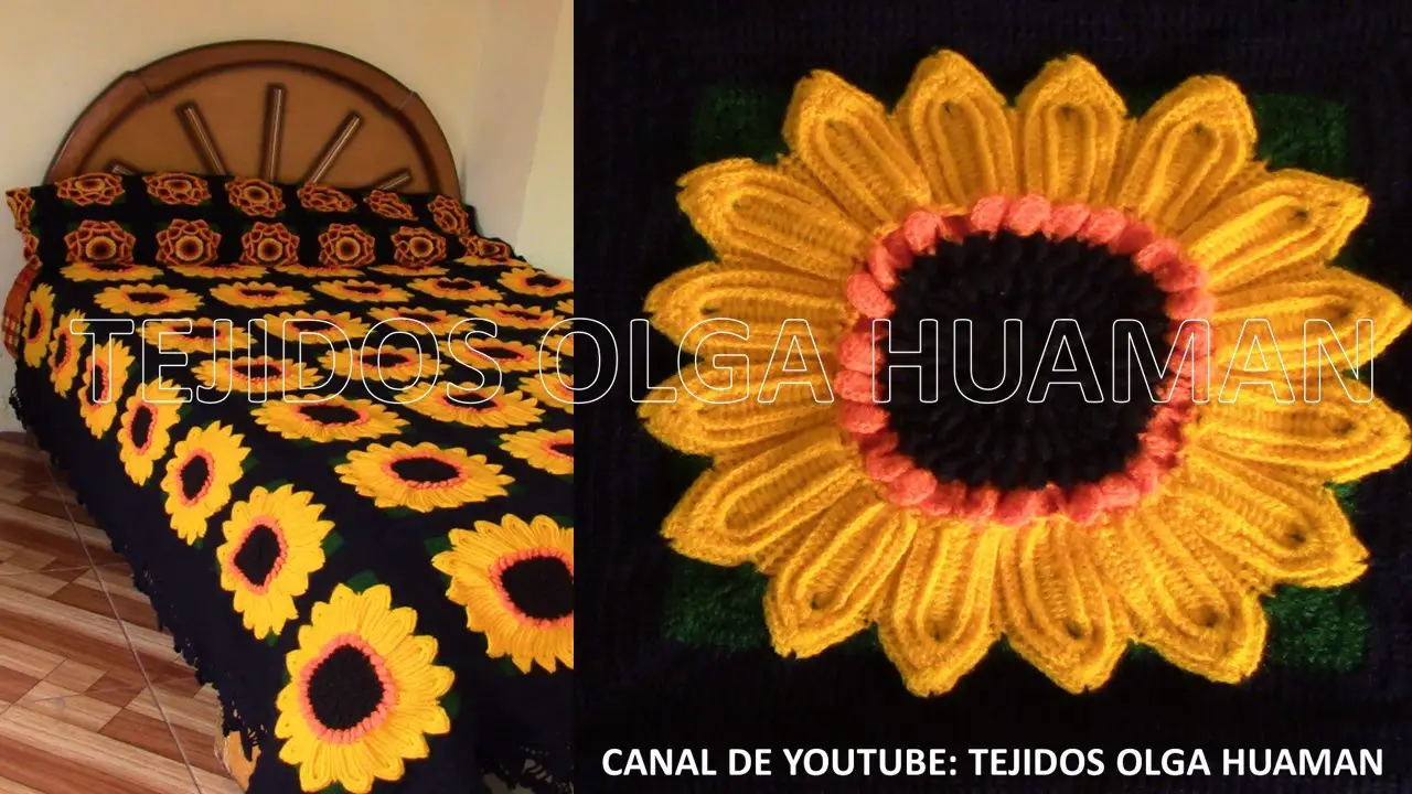 Cuadrado a crochet girasol de 16 pétalos para colchas, cubrecamas y cojines  paso a paso 